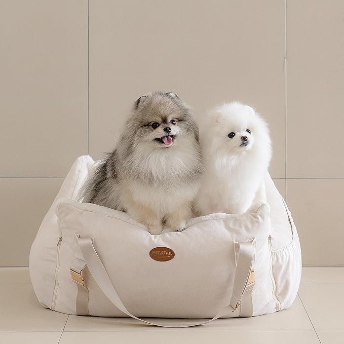 Celebrity Dog Car Seat – Durable Booster for Small, Medium & Large Dogs, Eco-Friendly Fabric & Artificial Leather, Detachable Washable Cushion, Travel & Safety (Natural Beige, L)
