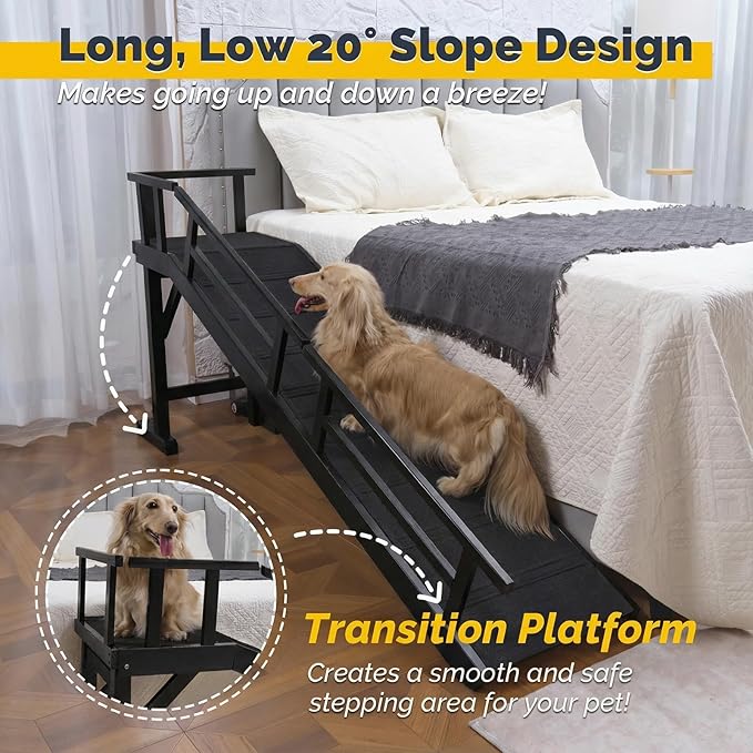 Dog Ramp for Bed or Couch, Wooden Pet Ramp with 20° Gentle Slope, Removable Side Rails, Non-Slip Surface, Top Platform & Wheels, Safe Bed Ramp for Small, Medium & Senior Dogs, 74" Long, Black