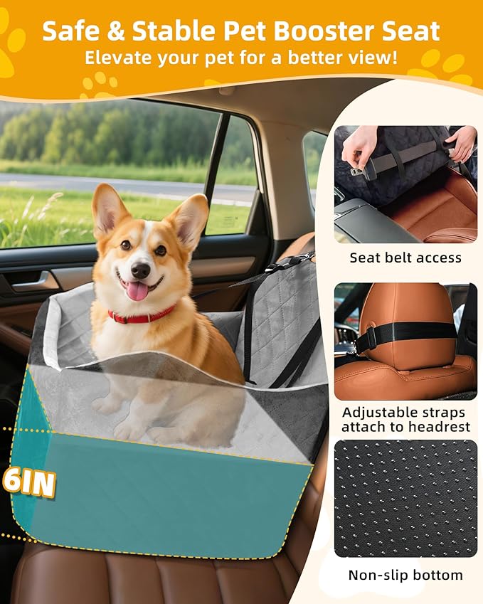 Car Seat Booster for Dog: High-Support Memory Foam Pet Car Seat for Small/Medium Dogs Under 35lbs with Elevated Cushion - Detachable Washable Puppy Travel Bed for Driving with Pockets