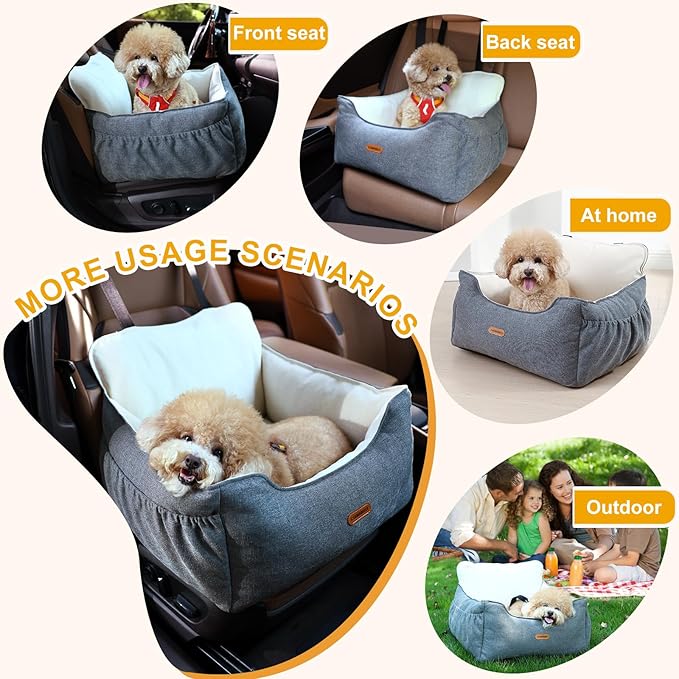 Dog Car Seat for Small Dogs Under 25Lbs, Portable Comfy Safe Puppy Car Seat Travel Bed with Storage Pockets, Fully Detachable Washable Dog Booster Carseats for Front & Back Seats, Gray