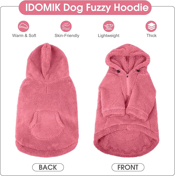 IDOMIK Fuzzy Dog Sweater with Adjustable Hood, Warm Fleece Dog Sweater Hoodie with Harness Hole & Pocket, Pullover Sweaters for Large Dogs, Fuzzy Hooded Sweatshirt for Fall Winter Christmas,Pink,XL