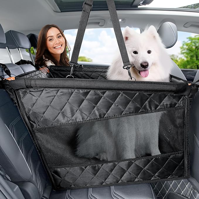 Pecute Dog Car Seat, Back Seat Extender for Dogs, Upgraded Sofa Leather, Breathable Mesh Sides, Hard PVC Panels Bottom Support to 330 lbs, for Cars/Mid-Size SUV/Small Truck