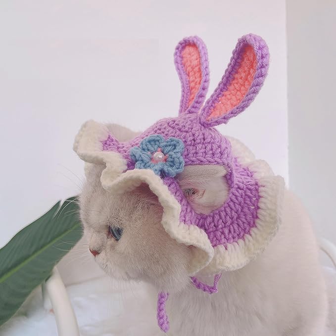 QWINEE 3D Ear Design Knit Cute Dog Hat Soft Cat Hat Rabbit Hat Halloween Christmas Party Costume Head Wear Accessories for Puppy Cat Kitten Small Dogs Small Animals Purple M