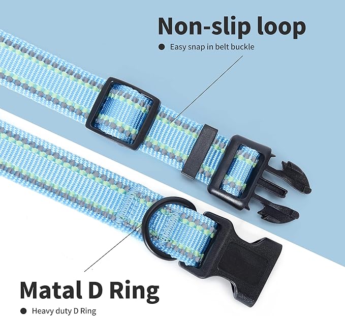 Mile High Life Reflective Dog Collar, Basic Dog Collars Adjustable Quick Release, Soft Nylon Pet Collar with Metal D-Ring for Small Medium Large Dogs (Blue, L Neck15-19")