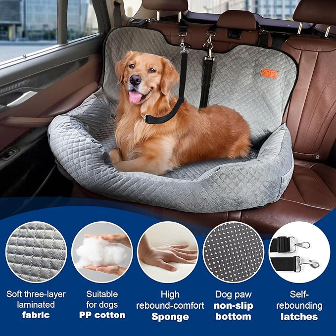 Dog Car Seat for Large/Medium Dog Pet Under 55 lbs or 2 Small Dogs Detachable Washable Travel Bed Fits Cars Trucks SUV