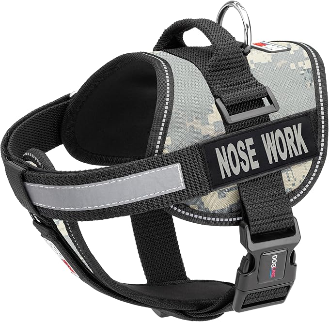 Dogline Unimax Dog Harness Vest with Nose Work Patches Adjustable Straps Breathable Neoprene for Identification Training Dogs Girth 18 to 25 in Urban Camo