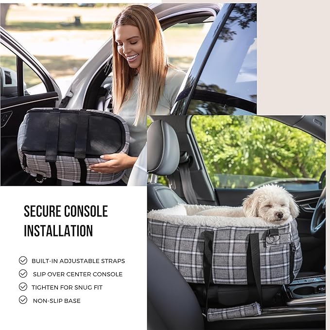 Dog & Cat Booster Seat for Car – Armrest & Seat Bed for Small Pets up to 13 lbs (Best Comfort Under 10 lbs) | Safe Travel, Harness Clip, Washable