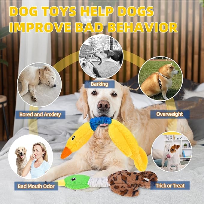 Mihachi Squeaky Dog Toys 2 Pack, Plush Stuffed Puppy Toys with Crinkle Paper-Tug of War Dog Toys for Small, Medium and Large Dogs Duck Interactive Squeaky Pet Toys to Keep Them Busy, Wild+Yellow Duck