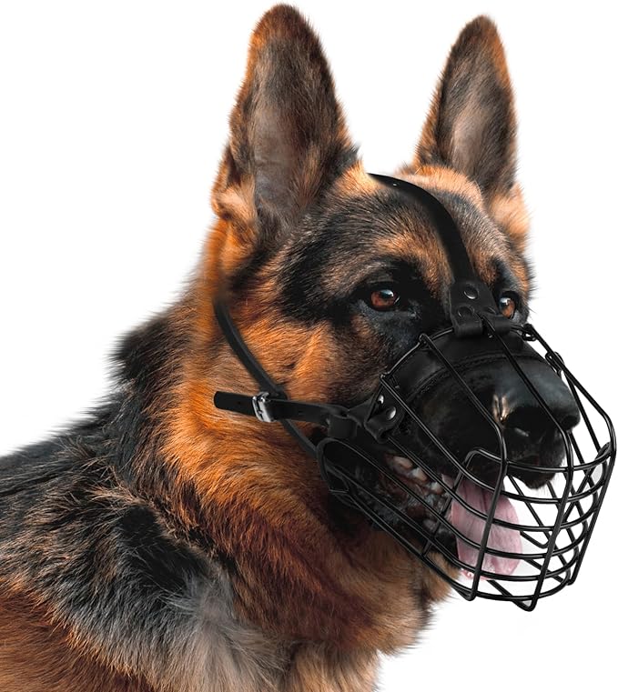 German Shepherd Dog Muzzle Metal Basket for Medium Large Dogs Adjustable Durable Leather Straps Secure Wire Mask for Biting Chewing Barking (Black, L - Size)