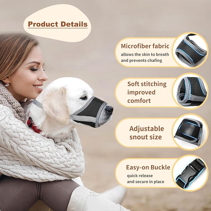 HEELE Dog Muzzle,Soft Nylon Muzzle Anti Biting Barking Chewing,Air Mesh Breathable Drinkable Adjustable Loop Pets Muzzle for Small Medium Large Dogs 4 Colors 4 Sizes (Gray, S)