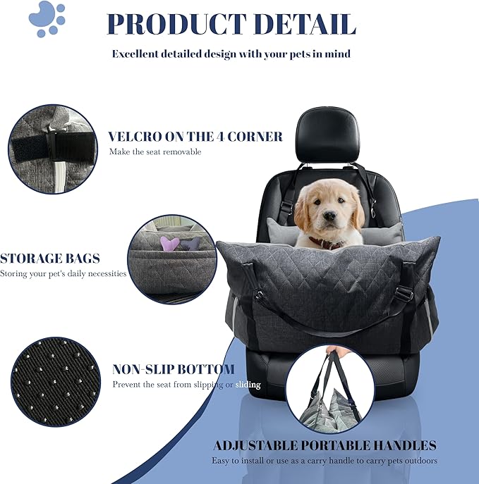 Daneey Dog Car Seat for Medium Dogs, Dog Booster Seat for Car, Fully Detachable Washable Dog Car Bed for Car Travel, Non-slip Safety Pet Car Seat with Seat Belt, Gray