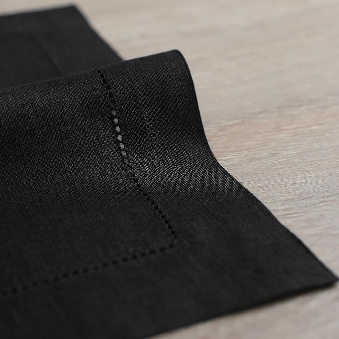 Solino Home Black Linen Napkins Set of 6-100% Pure Linen Hemstitch Dinner Napkins 20 x 20 Inch for Winter, Holiday, New Year - Classic Hemstitch
