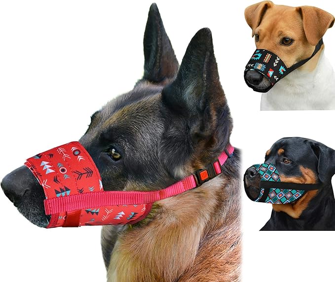 CollarDirect Dog Muzzle - Adjustable Soft Breathable Tribal Nylon Dog Mouth Guard Cover for Small, Medium and Large Dogs, Anti Chewing, Barking & Biting (Pattern 1; M/L)