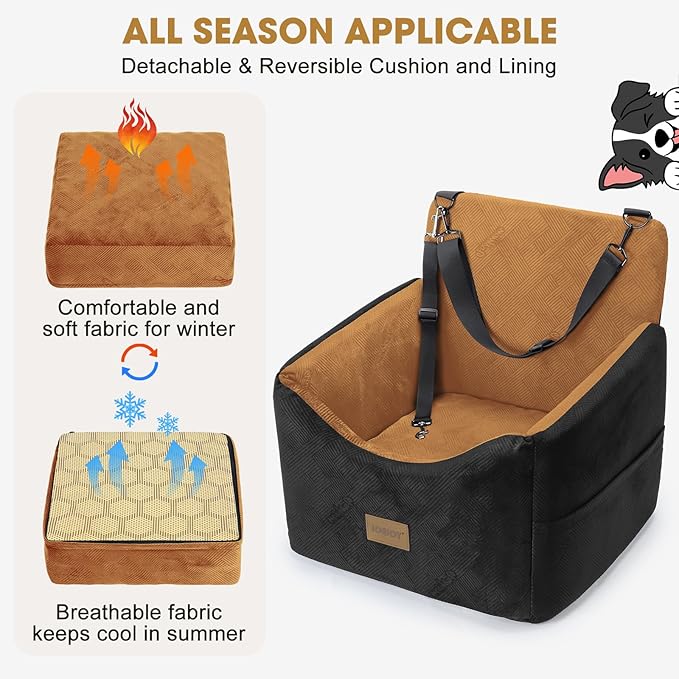 JOEJOY Dog Car Seats for Small Medium Dogs Under 30lbs, Dog Booster Seat with Detachable Washable Cover and Cushion, Memory Foam Pet Car Seat with Safety Belt and Storage Pockets (Brown)