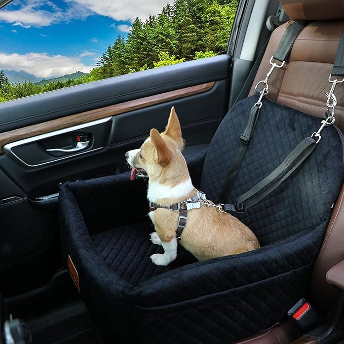 Car Dog Seat with 2 Safety Leashes,Dog Car Booster Seat for Small Medium Dogs 0-28lbs,Pet Travel Safety Bed with Storage PocketsFully Detachable and Easy to Install(S1-Black Outside Brown Inside)