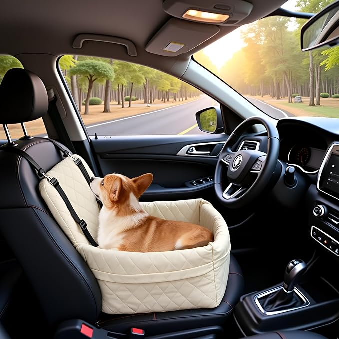 Dog Car Seats for Small Dogs, Memory Foam Dog Car Seat Medium Sized Dogs, Pet Cars Seats for Under 35lbs, Detachable Washable Pet Bag with Storage Pockets & 2 Safety Belts, Easy to Install (Beige)