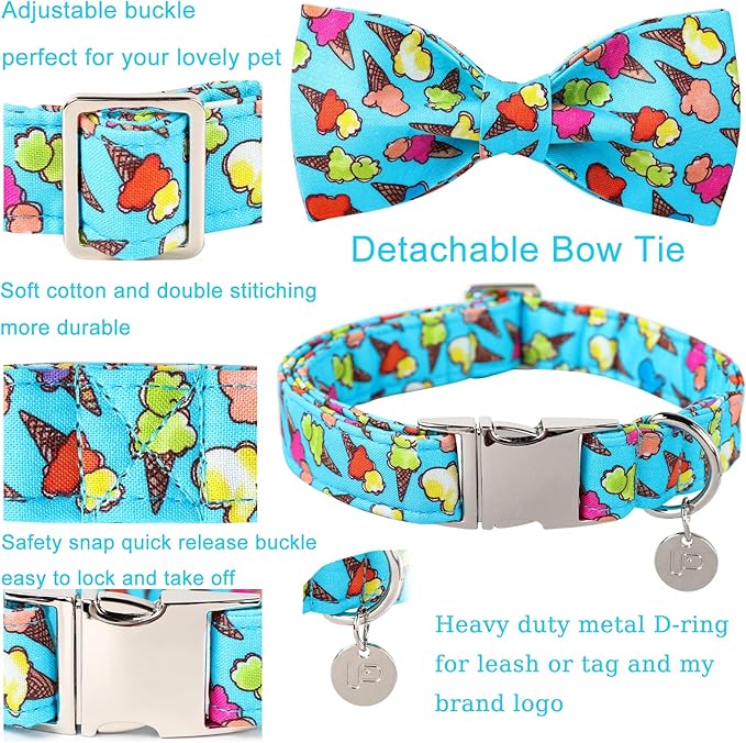 Summer Dog Collar with Bow Tie, Cotton Cute Bowtie Dog Collar, Summer Bowtie Collar for Small Boy Girl Dog, Comfortable Blue Dog Collar with Metal Buckle, S