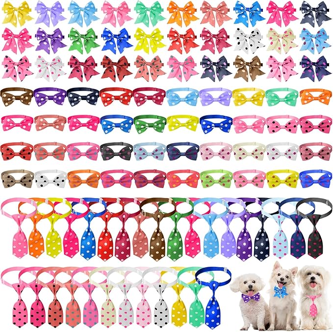 Reginary 100 Pieces Dog Bow Tie Collar Set Include 40 Dog Neckties, and 30 Puppy Bowties, 30 Collar Flowers, Adjustable Pet Ties Grooming for Small Medium Cats Pets Supply(Dot)