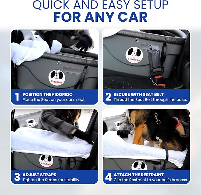 FidoRido Dog Car Seat - Pet Booster Seat for Small to Medium Dogs with Comfortable Cushions, Sherpa Cover, and Safety Straps, Easy to Install, Ideal for Travel, Beige Sherpa - Medium Harness