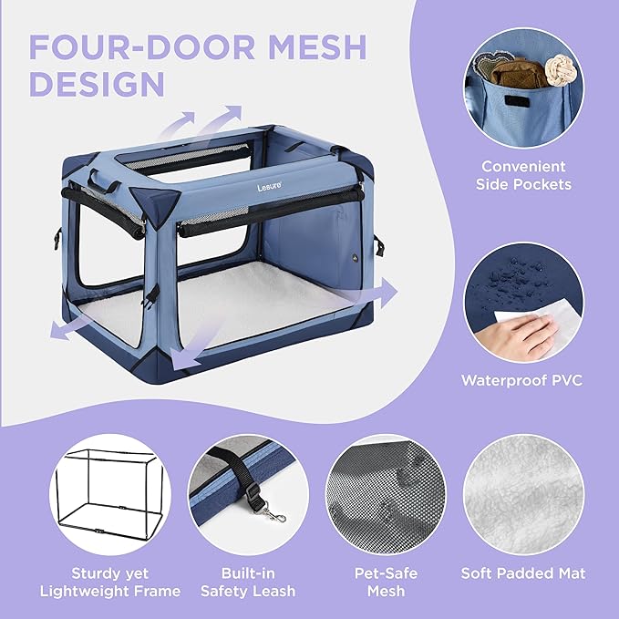 Lesure Collapsible Dog Crate - Portable Travel Kennel for Extra Small Dog, 4-Door Pet Crate with Mesh Windows, Indoor & Outdoor, Blue
