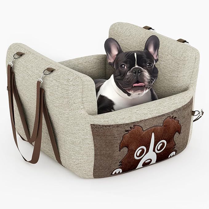Dog Car Seat for Small Dogs,Waterproof Dog Booster Car Seat with Storage Pockets,Pet Carseat Puppy Travel Carrier Bed,Thickened Memory Foam Filling, Beige & Brown