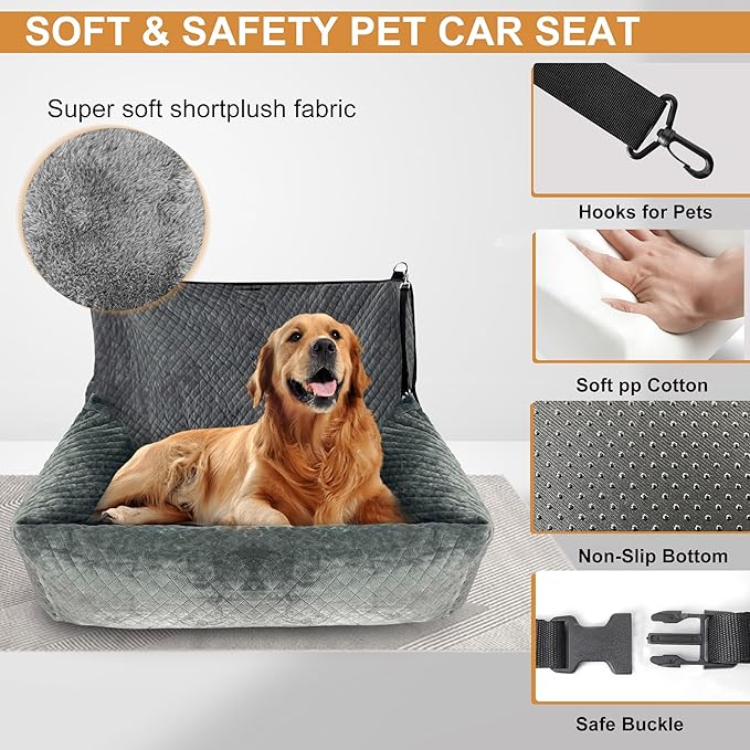 Auto Care Dog Car Seat, Fully Removable and Washable Cover, Easy to Assemble, Memory Foam Filled Comfort Pad, Durable Anti Slip Bottom (Gray)