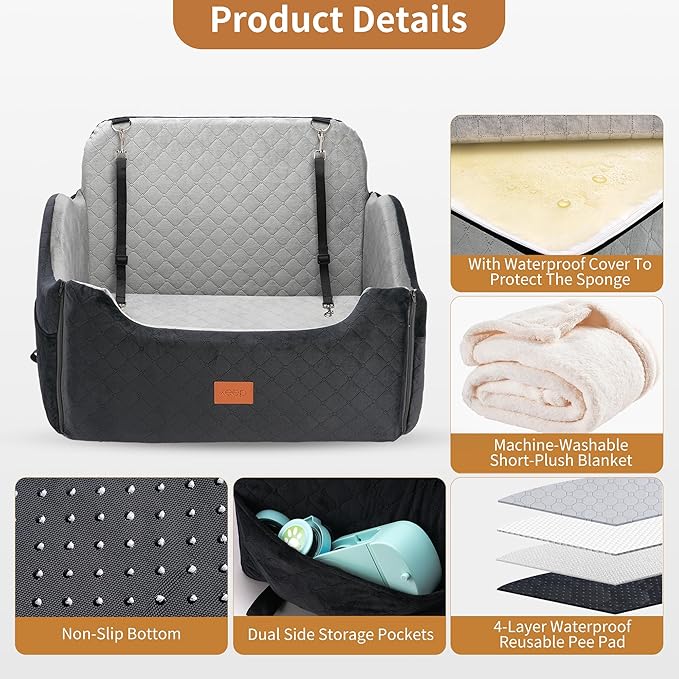 XEEP 2-in-1 Dog Car Seat for Medium/Large Dogs Up to 55 lbs – Dual-Use Booster Seat with Memory Foam, 2 Safety Leashes 2 Height-Adjust Cushions Bonus Urine Pad & Blanket, Removable Washable Cover Grey
