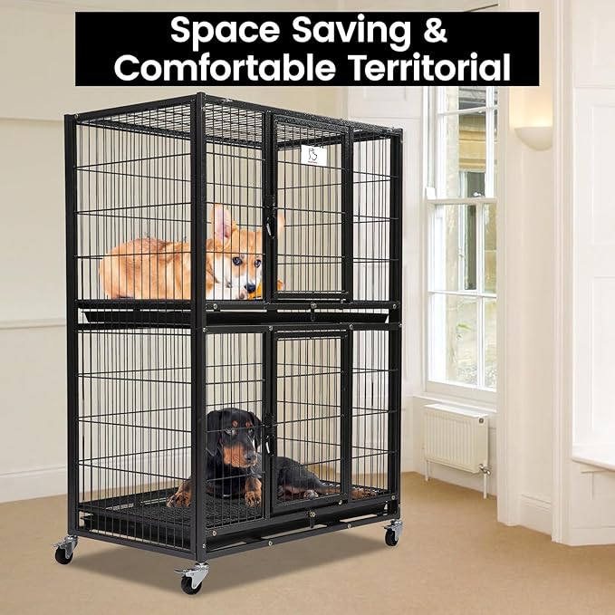 Homey Pet Six Packs 31 Inch Stackable Heavy Duty Dog Crate Cage Kennel with Four Lockable Wheels, Removable Tray, Escape Proof Wire Drop Dog Crates for Small Dogs (Two Tiers)