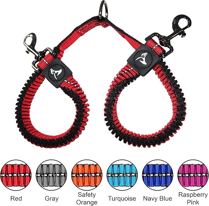 Kruz Double Dog Leash for Two Dogs (Width - 5/8”, Length 14”-27”) Dual Leash Coupler with Tangle-Free Swivel, Shock-Absorbing Reflective Bungee for Comfortable Walking & Training (Blue, Small)