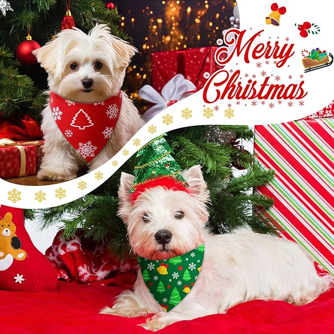 Preboun 50 Pcs Christmas Dog Bandanas Bulk Red and Green Bandanas for Dogs Triangle Kerchief Bibs Scarf Set for Pet Xmas Costume Photo Props Accessories Pet Shops, 25 Styles (19.7 x 13.8 x 13.8)