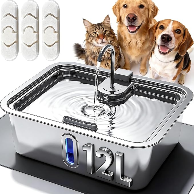 Large Capacity Automatic Water Dispenser for Dogs and Cats, Includes Pet Feeding Mat & 3 Filters, 12L Stainless Steel Dog Water Fountain with Visible Window and Alert Light