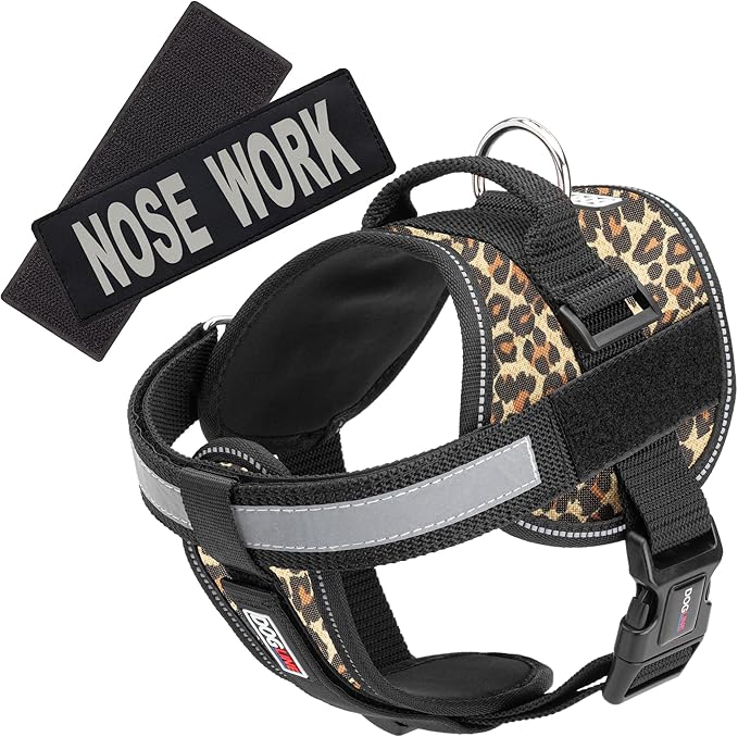 Dogline Unimax Dog Harness Vest with Nose Work Patches Reflective No-Pull, Adjustable Straps, Breathable Neoprene for Medical, Service, Identification and Training Dogs Girth 22 to 30" Leopard Brown
