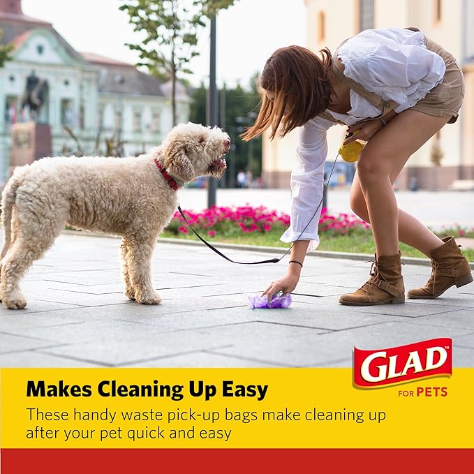 Glad for Pets Scented Waste Bags, Tear Resistant Pet Poop Pick-up Bags with Leak Protection, Fresh Lavender Scent, Purple Designs, 6 rolls, 90 bags total