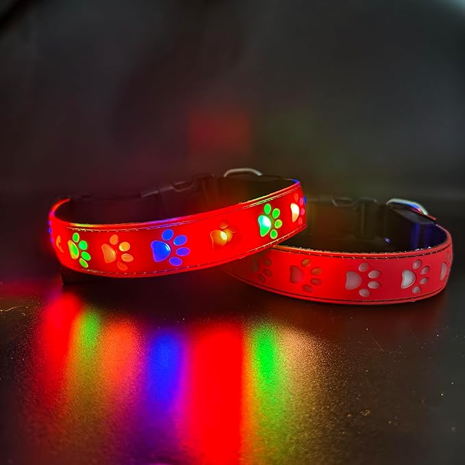 Customlized USB-C led Light up Dog Collar with Waterproof airtag Holder, 4 Modes Running Flashing Light (RED, M(11.8-15.7"))