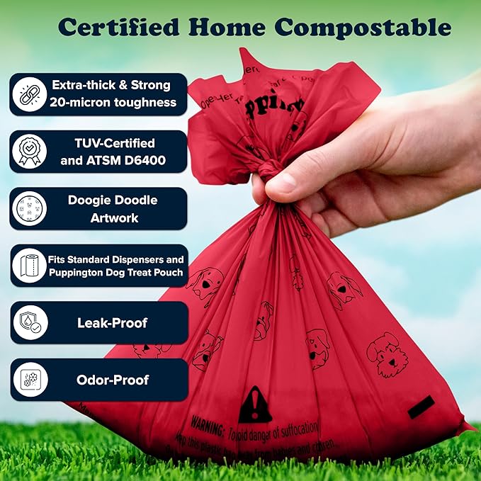 Puppington Certified Home Compostable Poop Bags - ASTM D6400 Compliant - 90 Extra Thick Bags - Plant Based - Pairs with Puppington 3-in-1 Bag & Fits all Standard Poop Bag Dispensers (Ruby Red)
