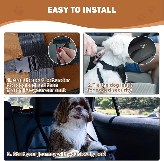Portable Small Dog Seat for Car, Luxury Leather Center Console Dog Car Seat Booster with Safety Tethers, Anti-Collapse Pet Travel Carseat for SUV, Truck
