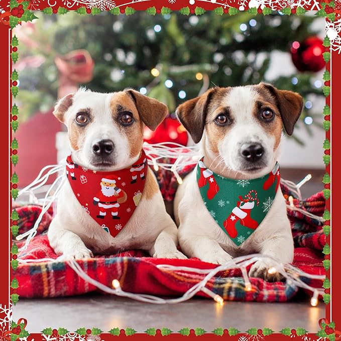 Preboun 50 Pcs Christmas Dog Bandanas Bulk Red and Green Bandanas for Dogs Triangle Kerchief Bibs Scarf Set for Pet Xmas Costume Photo Props Accessories Pet Shops, 25 Styles (19.7 x 13.8 x 13.8)