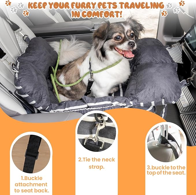 Small Dog Car Seats Washable Dog Booster Seat for Car Clip-On Leash and Cushion with Storage Pockets Under 25lbs Portable Travel Pet,Black with Handle