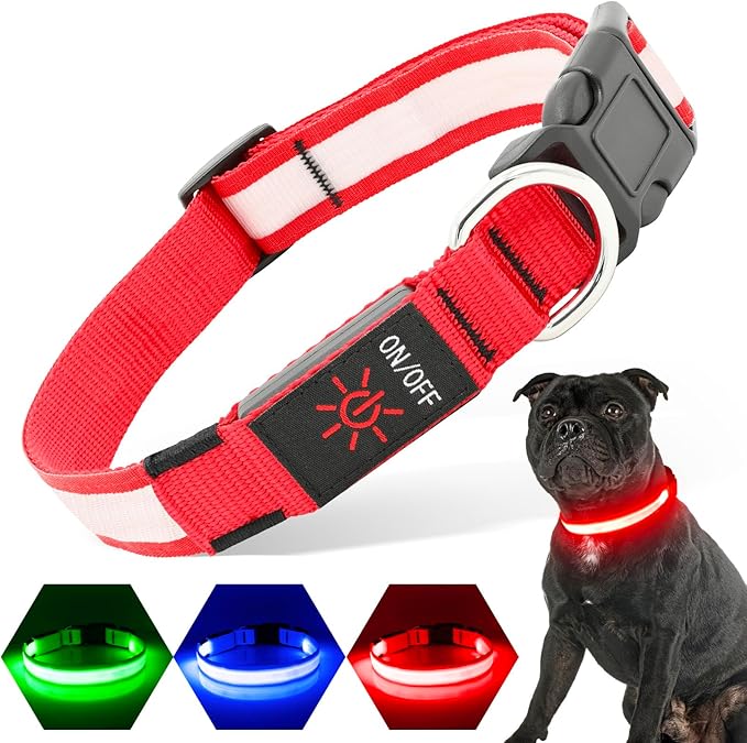 LED Light Up Dog Collars Micro USB Rechargeable Waterproof, Full Adjustable Lighted Glow Dark Dog Collar Light for Night Walking for Small Medium Large Dogs, Red