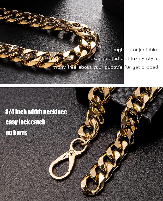 Gold Chain Dog Collar-3/4 Width Cuban Link Dog Necklace, Cute Fashion Pet Collar for Pit Bulldog, Light Metal Jewelry Chain Puppy Accessories 14"