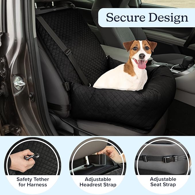 Dog Car Seat - Dog Car Seats for Small to Medium Dogs and Cats up to 44lbs - Dog Car Accessories with Tether and Removable Washable Cover - Dog Booster Seat for Front or Back by PETMAKER (Black)