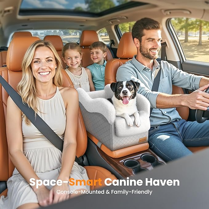 Portable Small Dog Seat for Car, Luxury Center Console Dog Car Seat Booster with Safety Tethers, Anti-Collapse Pet Travel Carseat for SUV, Truck (Light Grey/White)