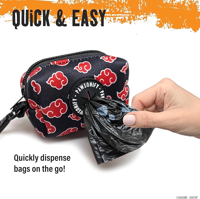 Akatsuki Dog Poop Bag Holder for Leash + 2 Bag Rolls: Officially Licensed Naruto Akatsuki Cloak Inspired Black & Red Clip on Dog Bag Holder Leash Attachment Dog Poop Bag Dispenser & Doggie Waste Bags