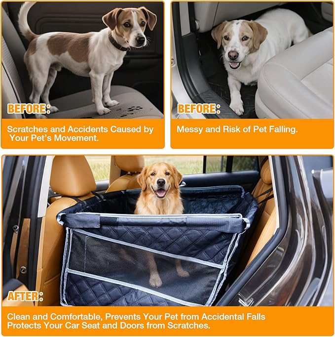 Dog Car Seat for Large Dogs, Back Seat Extender with Mesh Windows, Strong Support Dog Car Seat Cover for Cars, Trucks and SUVs (Black and Silver)