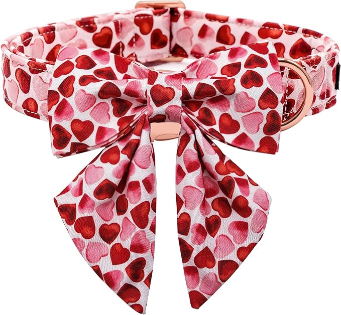 Maca Bates Valentine's Day Dog Collar with Sailor Bow for Extra Large Girl Boy Dogs,Red Love Hearts Pattern,Adjustable Durable Soft Valentine Gift for Female Male Puppy