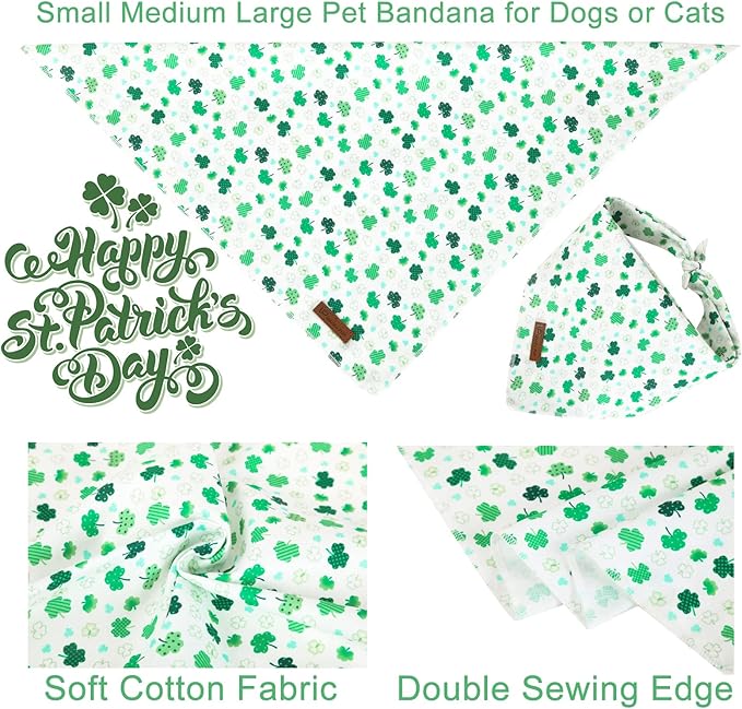 St. Patrick's Dog Bandana, Shamrock Triangle Bid Scarf for Medium Large Dogs, Cotton Kerchief for Girl Boy Puppies, Cute Spring Green Bandana