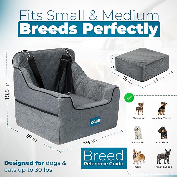 Small Dog Car Seat with Premium Memory Foam & Safety Straps – Cozy Dog Bed for Car for Daily Travel & Road Trips for Medium Sized Dogs - Washable Design with Anti-Slip Base