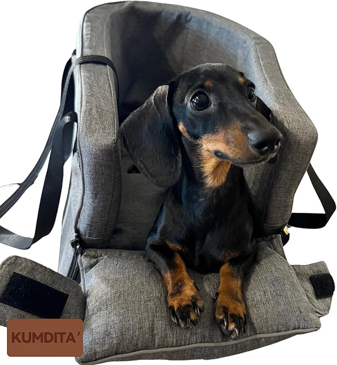 Kumdita' Center Console Dog Car Seat & Carrier for Small Dogs & Cats, 18.5 x 10.5 x 9.5 Inches, Sewn-in Leash (Gray)