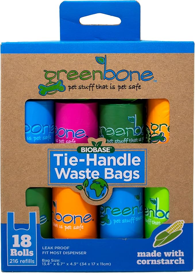 Greenbone BioBase Cat or Dog Poop Bags Rolls with Handle Tie, Large Leak Proof- Pink, Green, Orange, Blue Variety bulk pack -18 rolls - 216 refills