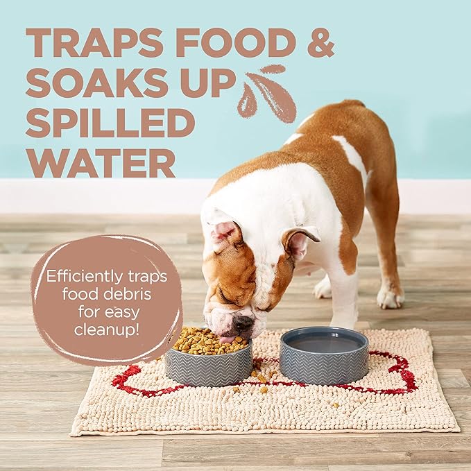Soggy Doggy Slopmat - Beige/Red Bone - 18” x 24″ - Water Absorbing Door Mat for Muddy Paws and Food/Water Bowls - Microfiber Chenille Small Doormat - Machine Washable